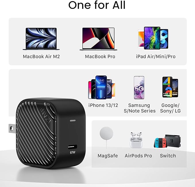 INVZI GaNHub USB C Charger 67W, GaN III PPS Mini Fast Foldable Power Adapter with USB-C Cable for MacBook Pro/Air, Galaxy S24, Dell XPS, HP, iPhone 16/15 Pro, iPad Pro, Steam Deck, Laptops