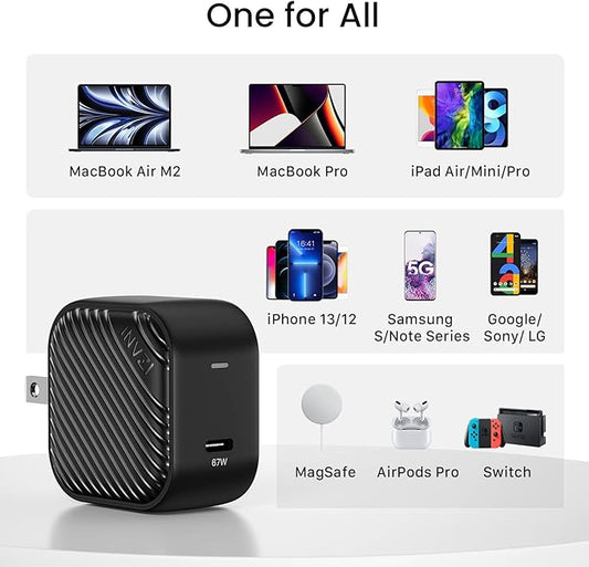 INVZI GaNHub USB C Charger 67W, GaN III PPS Mini Fast Foldable Power Adapter with USB-C Cable for MacBook Pro/Air, Galaxy S24, Dell XPS, HP, iPhone 16/15 Pro, iPad Pro, Steam Deck, Laptops