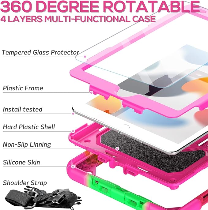 BLOSOMEET Case for iPad 9th/8th/7th Generation 2021/2020/2019 10.2 Inch for Kids Girls with Tempered Glass Screen Protector & Pen Holder| iPad 10.2 Case Cover w/Stand Hand Shoulder Strap |Rose
