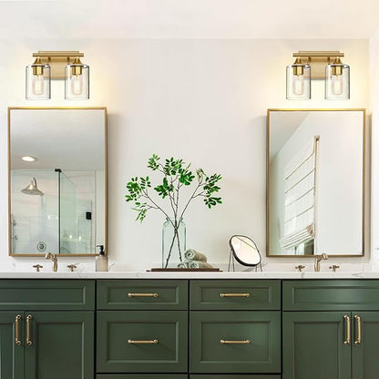 XPEHK Gold Vanity Lights for Bathroom,2-Light Bathroom Light Fixtures,Brushed Brass Gold Wall Sconce Lighting,Modern Wall Lamp for Mirror Bedroom Vanity Table Hallway