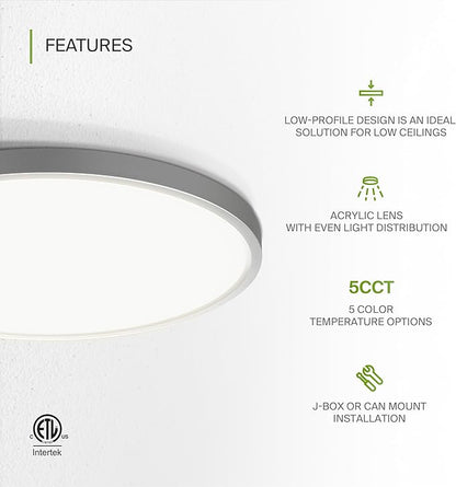 ASD LED 12" Round Flush Mount Ceiling Light Fixture, Low Profile Surface Lighting | 5CCT, Dimmable, Ultra-Thin, ETL Listed | 24W 1900LM 2700-6000K 120V | Kitchen, Bedroom, Hallway Lamp | Nickel