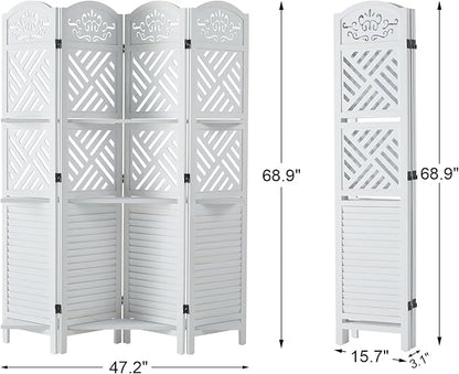 Svimi Room Divider with Shelves, 68.9inch Wood Carved and Louvered Wall Divider Freestanding, 4 Panels Folding Partition Screen for Bedroom Home Office (White)
