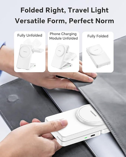 3 in 1 Charging Station for iPhone 16/15/14/13/12 Series, Wireless Charger for Apple Watch，Travel Magnetic Charging Stand for AirPods (White)