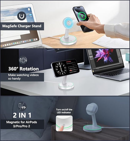 Magnetic Wireless Charger Stand 15W Fast Mag-Safe Charger for iPhone 16/16 Pro/16 Plus/16 Pro Max/15/14/13/12 Series Magnet Wireless Charging Station/Pad with Sleep-Friendly Light for AirPods