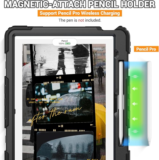 SEYMAC for iPad Air 13 Inch Case M3 2025/ M2 2024, Heavy Duty Shockproof Protective Case with Screen Protector, 360° Rotating Stand, Hand/Shoulder Strap and Pen Holder for iPad Air 13, Black