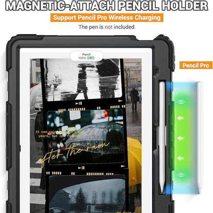 SEYMAC for iPad Air 13 Inch Case M3 2025/ M2 2024, Heavy Duty Shockproof Protective Case with Screen Protector, 360° Rotating Stand, Hand/Shoulder Strap and Pen Holder for iPad Air 13, Black