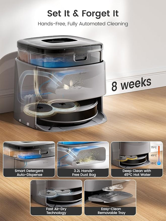 Lefant M3 Max Robot Vacuum, Robot Vacuum and Mop, 20000Pa Suction, Anti-Tangle Brushes, Dual Spinning Mop,Smart Obstacle Avoidance，Self-Emptying&Refilling，Auto Mop Washing&Drying，Gray