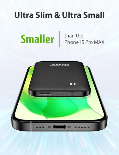 Alongza Portable Charger Built-in Cables and AC Wall Plug, Slim Fast Charging Power Bank 10000mAh, Lightweight USB C External Battery Pack Compact Travel Cell Phone Charger