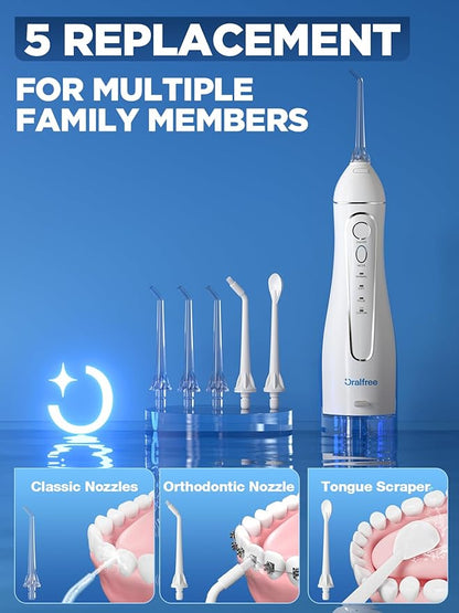 Oralfree Water Dental Flosser Cordless for Teeth Cleaning - 4 Modes Oral Irrigator 300ML Braces Flossers Cleaner, Rechargeable Portable IPX7 Waterproof Powerful Battery for Travel Home
