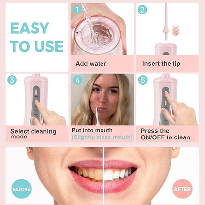 GOLDANT 350ML Water Dental Flosser Teeth Pick with Travel Bag, 5 Modes Portable Cordless Oral Irrigator Cleaner, Electric Rechargeable IPX7 Waterproof for Home Travel Teeth Cleaning flossing (Pink)