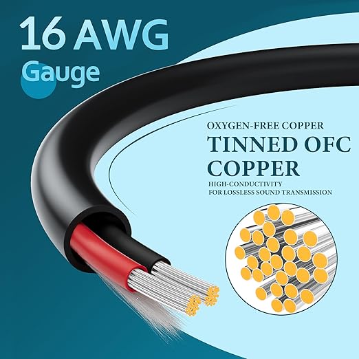 HiFind 16/2 Gauge Speaker Wire Cable 100 Ft-Tinned OFC Copper-UL CL3 Rated- Indoor/Outdoor-Pro Series 16 AWG-UV PVC Jacket&Cotton, Hi-Fi Sound for Car Audio,Home Theater Speakers,Stereos-Black