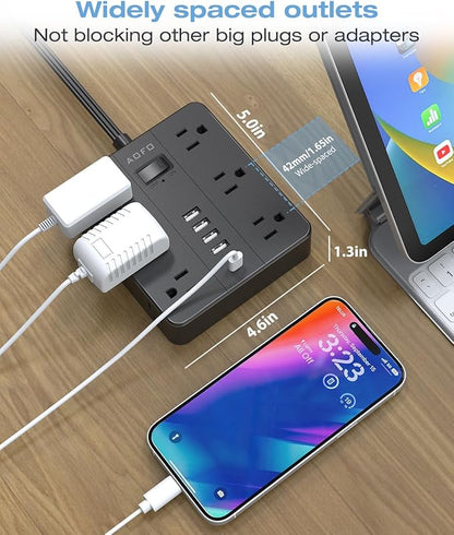 AOFO 20FT Surge Protector Power Strip,12 AC Outlets with 6 USB Ports (2 USB-C), Flat Plug Extension Cord with Multiple Outlets, Wall Mount for Home Office,Dorm,Black