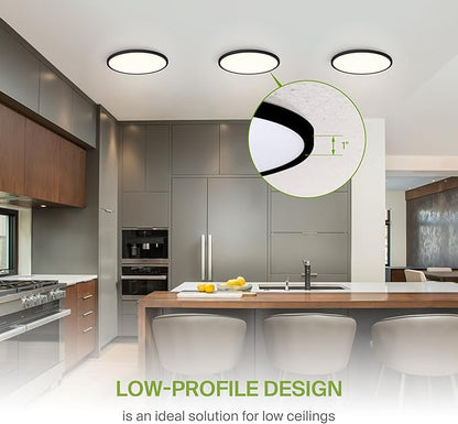 ASD LED 12" Round Flush Mount Ceiling Light Fixture, Low Profile Surface Lighting | 5CCT, Dimmable, Ultra-Thin, ETL Listed | 24W 1900LM 2700-6000K 120V | Kitchen, Bedroom, Hallway Lamp | Black, 4 Pack