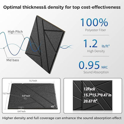 12 Pack Large Self-Adhesive Soundproof Wall Panels, 15.7 x 15.7 x 0.47 in Sound Proof Foam Panels for Walls, 1.2lb/ft³ High Density,Large Size Acoustic Panels, Sound Dampening Panels Black