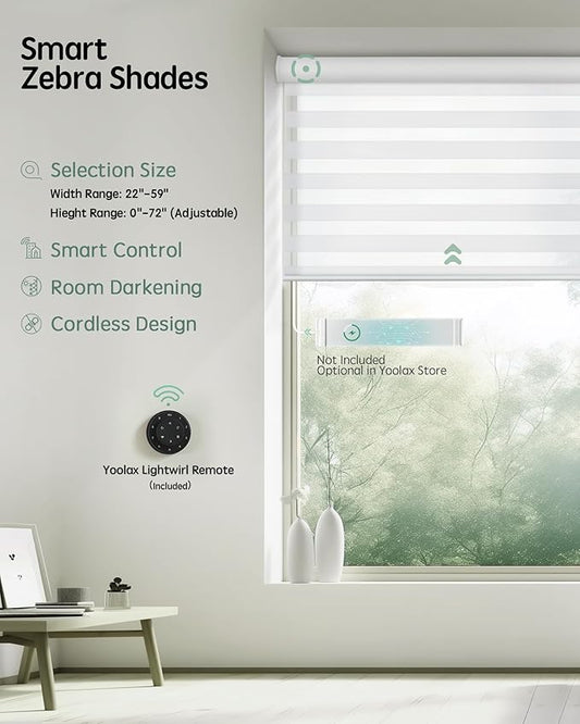 Yoolax Motorized Blinds with Remote, Electric Zebra Blinds for Indoor Windows, Room Darkening Smart Shades with Voice Control, Compatible with Alexa Google Home, APP Control, 46" W x 72" H, White