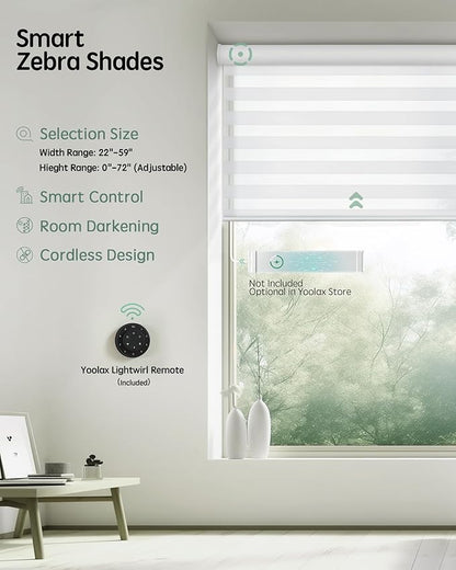Yoolax Motorized Blinds with Remote, Electric Zebra Blinds for Indoor Windows, Room Darkening Smart Shades with Voice Control, Compatible with Alexa Google Home, APP Control, 30" W x 72" H, White