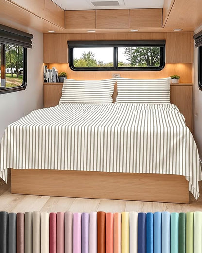 RV Short Queen Sheet Set 60 X 75 - 4 Piece RV Short Queen Bed Sheets - Soft, Breathable & Cooling - Designed for Bunks, Trailers & Campers - Fits 8” to 12" Mattress - Luxury Bedding - Beige Stripes 2