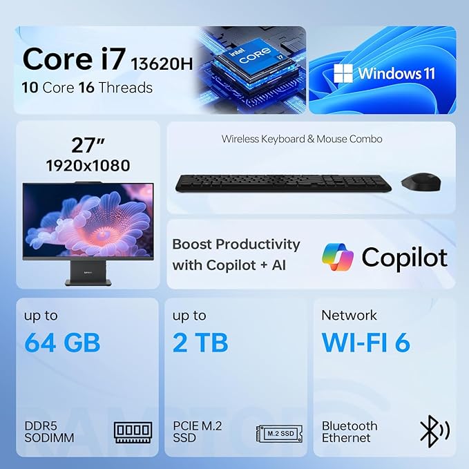 Lenovo IdeaCentre Business Computer All-in-One PC, 27" FHD 100Hz Display, Intel Core i7-13620H, 32GB DDR5, 2TB SSD, Wi-Fi 6, Windows 11 Pro with AI & Microsoft Copilot, Wireless KB & M, Grey
