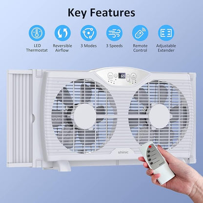 shinic Twin Window Fan with Reversible Airflow, Thermostat Controlled, 3 Speeds & 3 Functions(Exhaust, Intake & Circulate), 23.8" - 37" Expandable Width for Home Kitchen Use