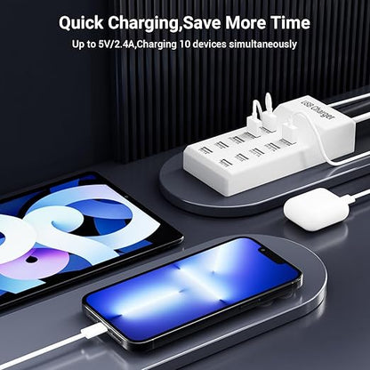 USB Charging Station 50w10A 10-Port Charger, Multiport Charger Hub, Compatible with iPhone, Galaxy, iPad Tablet, and Other Devices（White）