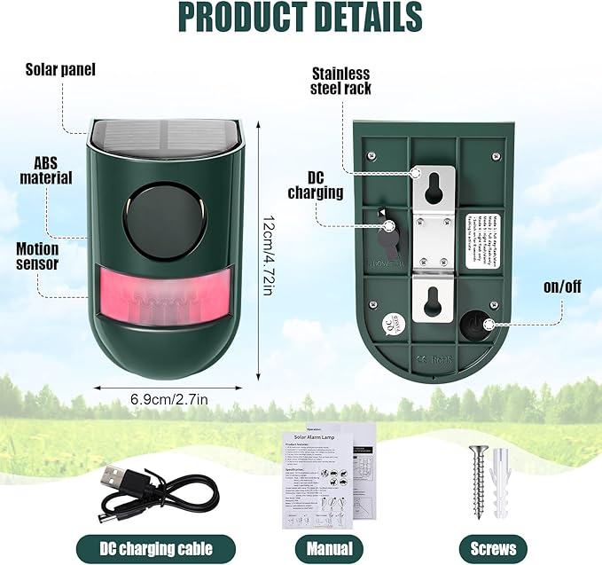 Qualirey 4 Pack Solar Sound and Light Alarm Motion Sensor 129db Outdoor Security Siren Waterproof Motion Activated Detector Alarm 6 LEDs Flash Warning Strobe System for Home, Farm (Green)