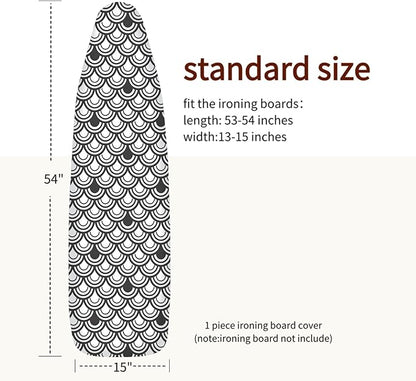 Bumkimue Ironing Board Cover and Pad, Standard Size 15x54 Inches, Blue Floral Pattern, Heavy Duty Padded, Elastic Edge, Scorch Resistant (Black and White Shell Shape)