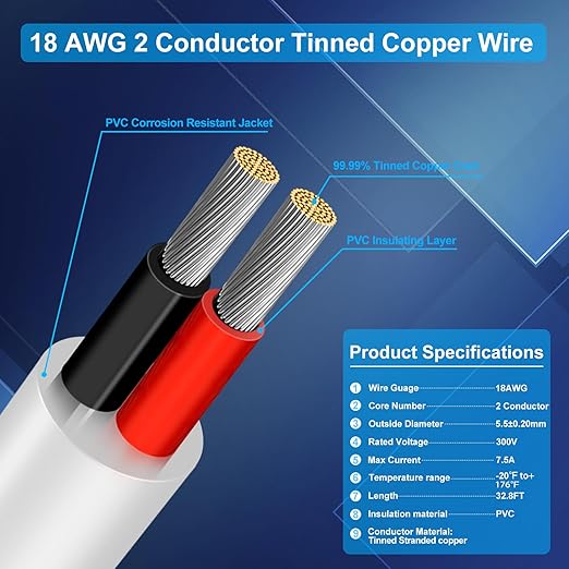 18 Gauge 2 Conductor Electrical Wire, 32.8FT Low Voltage 18/2 Tinned Copper Stranded 2 Wire Cable, 18 AWG White Flexible Extension Power Cord for Automotive, LED Lamp, Outdoor Landscape Lighting Etc