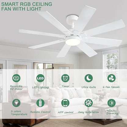 KNUN 48 Inch White Ceiling Fans with Lights and Remote/APP Control, Low Profile Ceiling Fan, 8 Blades，LED Dimmable, Reversible DC Motor, Noiseless Ceiling Fans for Bedroom Indoor/Outdoor Use
