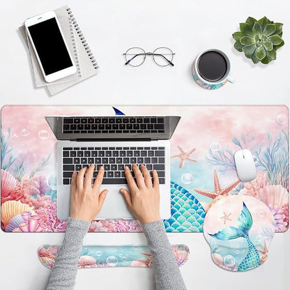 Britimes Pink Cute Deep Sea Mermaid Keyboard Mouse Pad Set 4in1 Large Mousepad+Keyboard Wrist Rest+Mouse Wrist Rest+Coaster Set with Ergonomic Design for Home Office Computer 35.4x15.7 inches