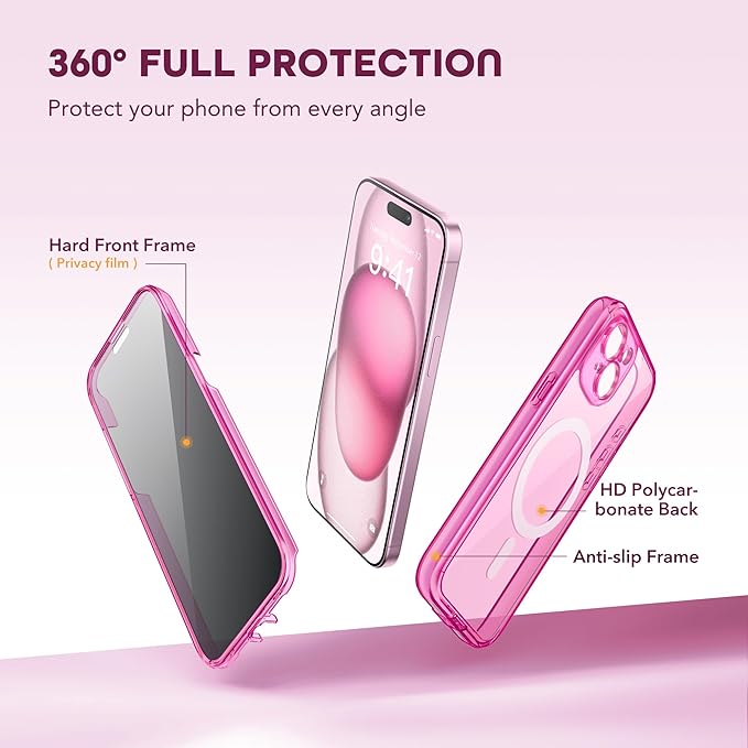 Magnetic for iPhone 15 Plus Case, Compatible with MagSafe, Built-in Privacy Screen Protector and Camera Protection, Anti Spy Full Body Dustproof Shockproof Hard Phone Case 6.7", Bright Pink