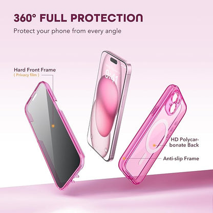 Magnetic for iPhone 15 Plus Case, Compatible with MagSafe, Built-in Privacy Screen Protector and Camera Protection, Anti Spy Full Body Dustproof Shockproof Hard Phone Case 6.7", Bright Pink