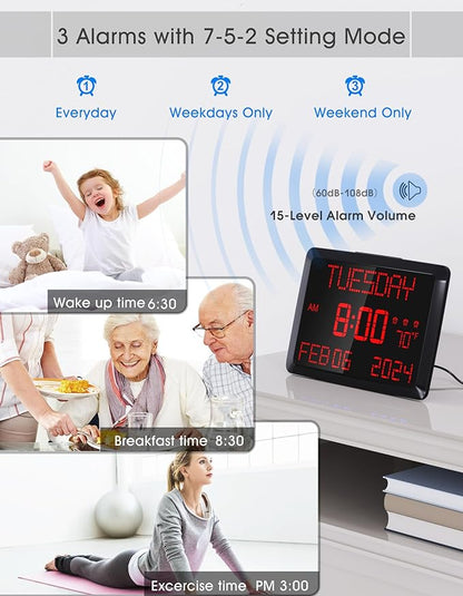 Digital Clock Large Display 11.5", Calendar Clock with Date,Time,Day of Week,Temperature,2 USB Chargers,3 Alarms,5Dimmer& 12/24H,Wall clock/Desk clock for Seniors,Dementia,Memory Loss,Impaired Vision