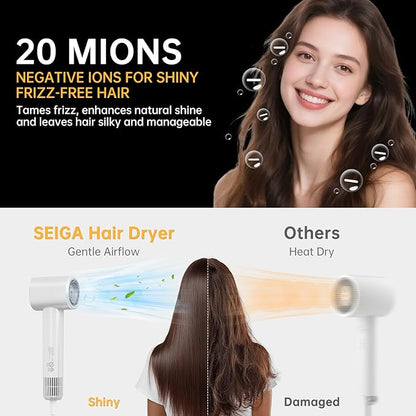 Hair Dryer with Nozzle- Negative Ionic Blow Dryer, AI Smart Thermo-Control with 110000 RPM High Speed for Fast Drying, Low Noise, Anti Frizz, 5 Temps & 2 Speeds for Home Travel, No Heat Damage, White