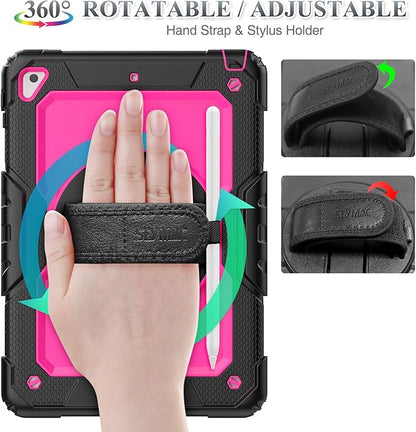 SEYMAC stock Case for iPad 6th / 5th Generation Case/Air 2 / Pro 9.7 inch, Heavy Duty Protective with Screen Protector, with Pencil Holder, Hand Strap, Shoulder Strap, 360 Rotate Stand, Pink+Black