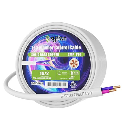 Syston Cable Technology 16/2 LED Lighting Dimmer Dimming Luminaire Control Wire Cable,16 AWG 2 Conductors Solid Bare Copper Unshielded Plenum Rated CMP CL3P FT6, for Ballast Wiring and Connection