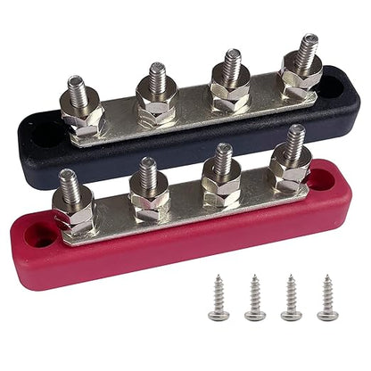 4 x #10 (M5) Studs Bus Bar, Ampper 4.2" Power/Ground Distribution Block Brass Battery BusBar Junction with Cover for Auto Boat Amplifier and More (Red & Black)