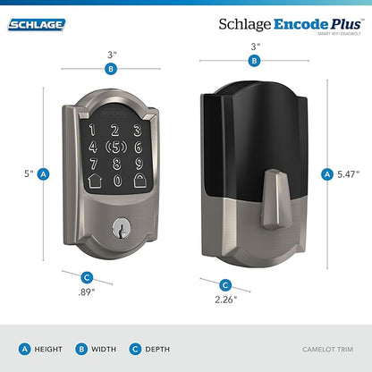 Schlage BE499WB CAM 619 Encode Plus WiFi Deadbolt Smart Lock, Keyless Entry Touchscreen Door Lock with Camelot Trim, Satin Nickel