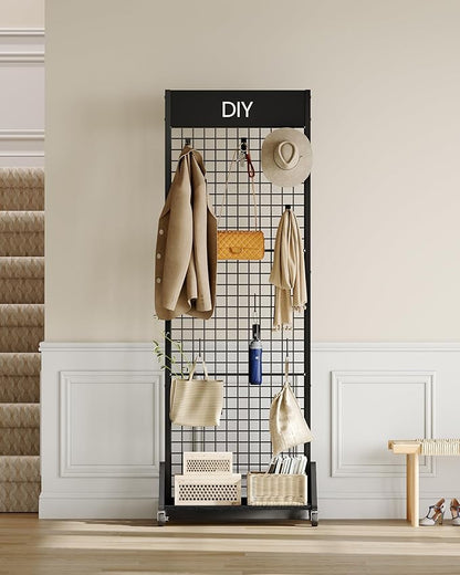 CHOEZON Grid Wall Panel, 2’ x 5.7’ Ft Floor Standing Gridwall Display Rack, Retail Display Stand, with 4 S-Shaped Hooks and 4 Garment Hooks, for Entryway, Study, Kitchen, Outdoors, Black TCJ27BB