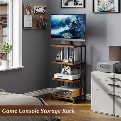 X-cosrack 16.5" Small 4-Tier AV Media Stand with Power Strips,Narrow Version Wooden Corner Shelf Stereo Cabinet Audio Rack Stand Tower for Small DVD Players Game Console TV Box Cable Box WiFi Router