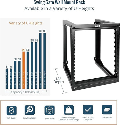 Tecmojo 12U Wall Mount Server Rack, Open Frame Network Rack for 19" Computer/AV/Data/IT/Media Equipment, 18" Depth, 16" Apart Mounting Holes, Swing Gate, Square and Tapped Holes
