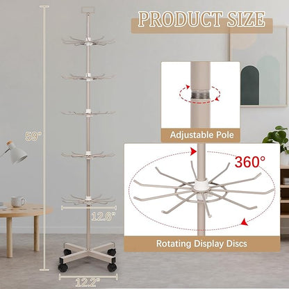 Exttlliy Retail Display Stand Store Display Rack 5 Tier Metal Spinning Display Stand Rack with Wheels Keychain Jewelry Stocking Hat Display Stand with Hooks for Malls, Showroom, Retail Store (Grey)