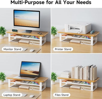 NestNeat Monitor Stand Riser, 24 Inch Computer Monitor Stand for Desk, 2-Tier Wood Desk Shelf Organizer with Storage, Desktop Stand for Laptop/Screen/PC/Printer, Ergonomic Home Office Monitor Stand
