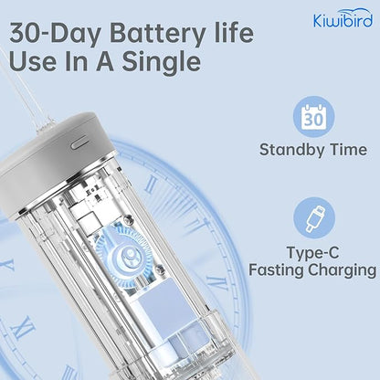 KIWIBIRD Mini Water Flosser for Travel, Ultra-Portable Cordless Oral Irrigator with UVC Light, IPX8 Waterproof 3 Modes, 230mL Teeth Cleaner for Tonsil Stones & Braces Care - Home & Travel (Grey)