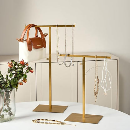 MCKECHSION Display Stand Stainless Steel Jewelry Towers Bag Stand Tabletop Double Hook Hanging Jewelry Stands for Necklaces Organizer Stand Adjustable Height Home Store Boutique, Gold