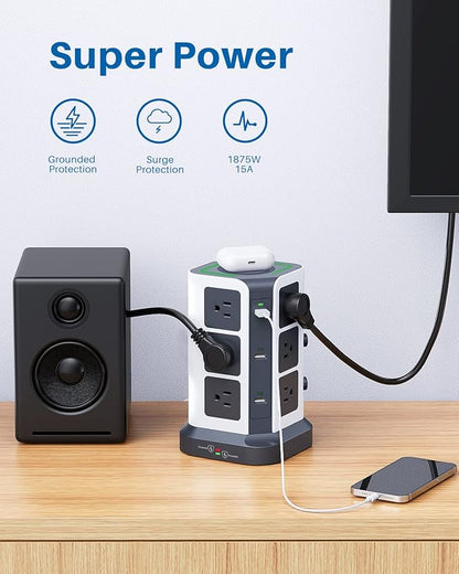 KOOSLA Power Strip Tower, [15W] Wireless Charger Surge Protector - 12 AC Multiple Outlets & 6 USB Ports, 6.5ft Extension Cord Charging Station for Office Supplies, Desk Accessories, Dorm Essentials