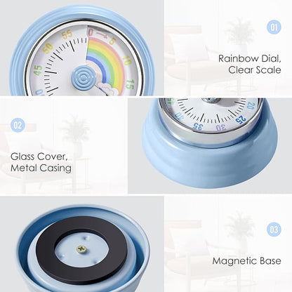 Teeloray Visual Timer for Kids Rainbow Kitchen Timer with Magnetic Base 60-Minute Countdown Mechanical Ringer Alert Cute Time Management Tool for Children and Adults Study Work Cooking, Blue
