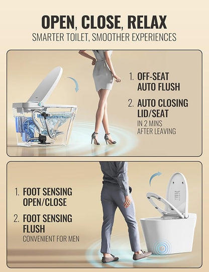 Luoware Smart Toilet with Bidet Built in, Luxury One Piece Elongated Bidet Toilet, Auto Open/Close/Flush, Foot Sensor Operation, Built-in Tank & Booster Pump, Heated Seat, Massage Wash, Night Light
