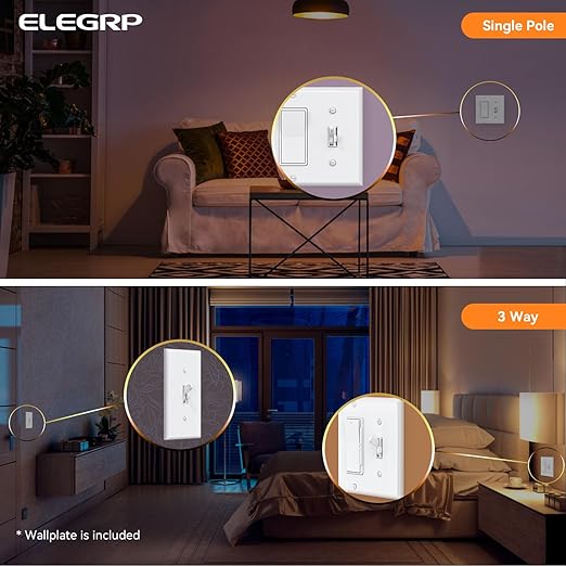 ELEGRP Digital Toggle Dimmer Switch for Dimmable LED, CFL and Incandescent Light Bulbs, Single Pole or 3-Way Toggle LED Dimmer Light Switch, Wall Plate Included, UL Listed, 10 Pack, White