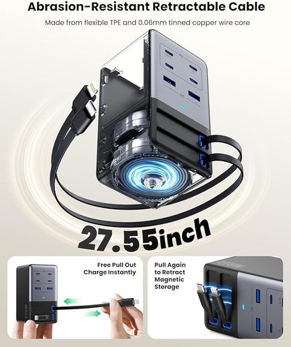 USB C Charger 275W Charging Station with Retractable Dual Cables,Upgraded 8-in-1 GaN IV Fast Charging Hub Block+PD QC PPS 65W Laptop Adapter for MacBook Pro/Air,iPad,iPhone 17/Pro,Galaxy S24,Dell etc