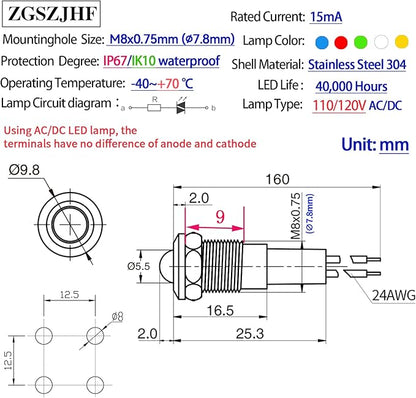ZGSZJHF 8mm Indicator Light 0.31" Waterproof IP67 Metal Stainless Steel Signal Lamp 110V-120V AC/DC LED Pilot Dash Lamp Light Ring Large Red and Green 2Pcs